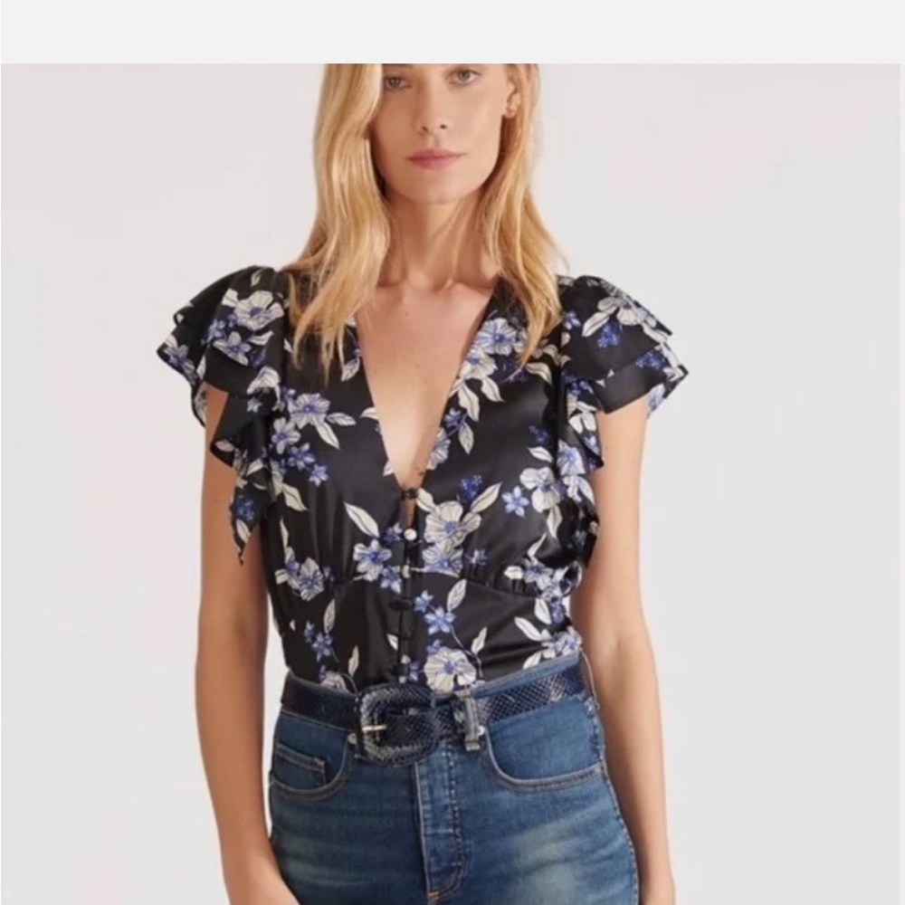 Veronica Beard Polly Floral Print Top 2 Silk Flutter Sleeve Button Vneck Black - Picture 1 of 6